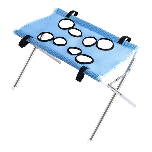 Blue foldable pet grooming hammock with stainless-steel stand